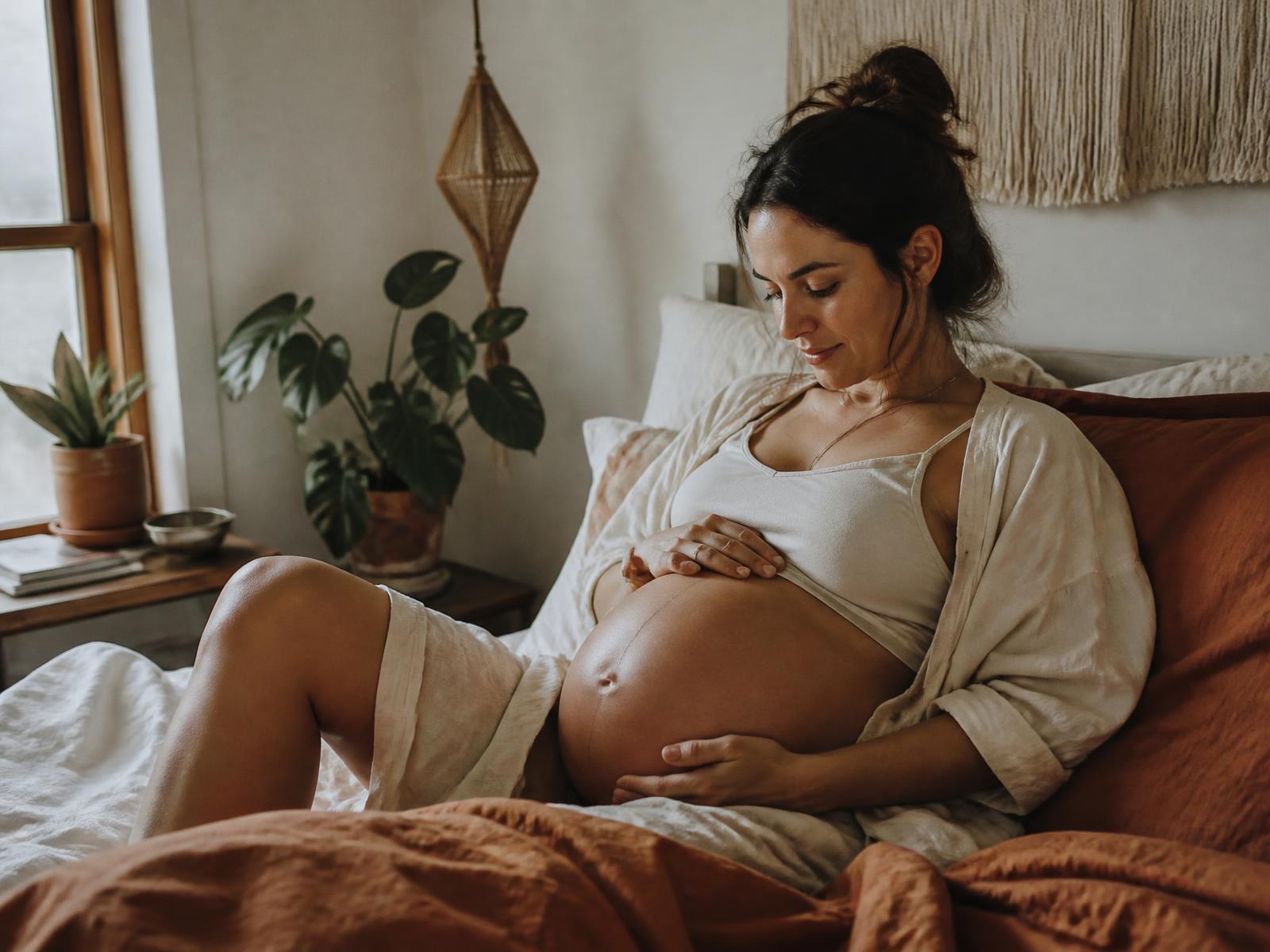 Expectant mother resting at home in early labor, hands on her belly